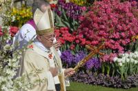 Pope Francis walks past flowers as he arrives at St Peter's square for the Easter mass on April 20, 2014 in Vatican. Easter Sunday celebrates the Christian belief in Jesus's death and resurrection and is marked around the world, often with a variety of not strictly religious local traditions like painted eggs or Easter Bunnies.  AFP PHOTO / ANDREAS SOLARO